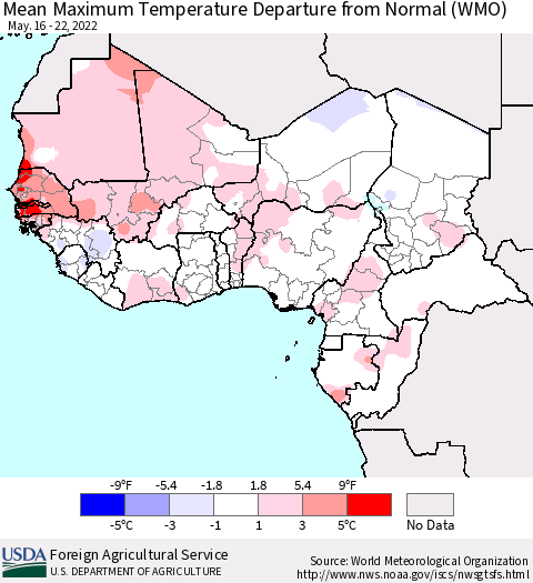 Western Africa Mean Maximum Temperature Departure from Normal (WMO) Thematic Map For 5/16/2022 - 5/22/2022