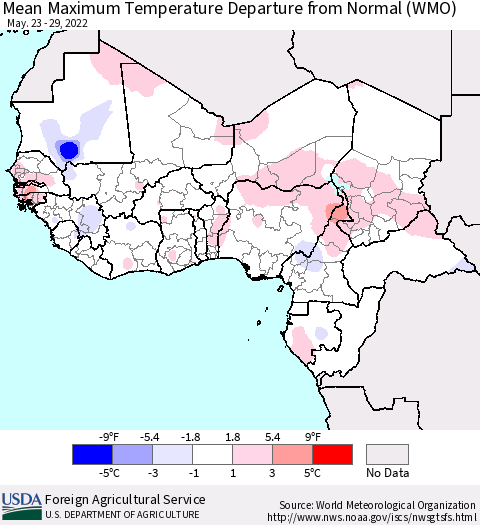 Western Africa Mean Maximum Temperature Departure from Normal (WMO) Thematic Map For 5/23/2022 - 5/29/2022