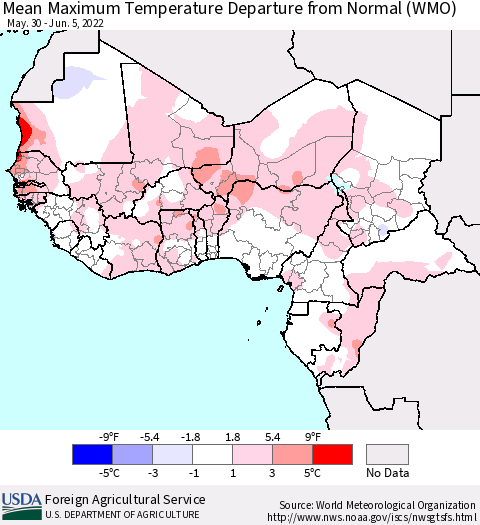 Western Africa Mean Maximum Temperature Departure from Normal (WMO) Thematic Map For 5/30/2022 - 6/5/2022