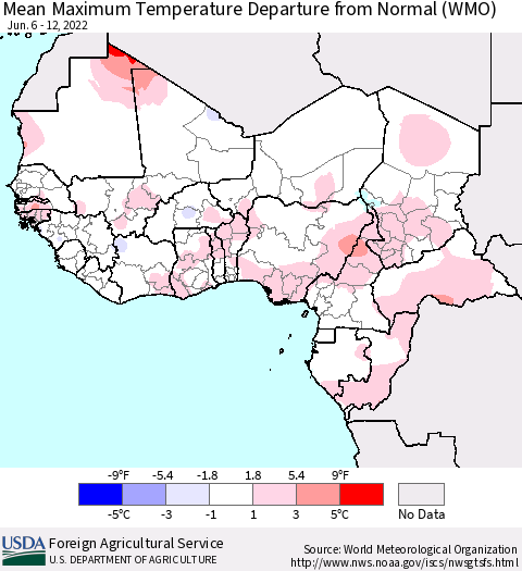 Western Africa Mean Maximum Temperature Departure from Normal (WMO) Thematic Map For 6/6/2022 - 6/12/2022