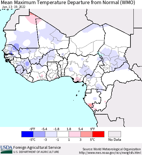 Western Africa Mean Maximum Temperature Departure from Normal (WMO) Thematic Map For 6/13/2022 - 6/19/2022