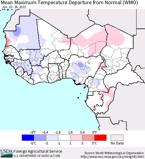 Western Africa Mean Maximum Temperature Departure from Normal (WMO) Thematic Map For 6/20/2022 - 6/26/2022