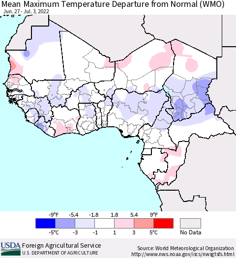 Western Africa Mean Maximum Temperature Departure from Normal (WMO) Thematic Map For 6/27/2022 - 7/3/2022