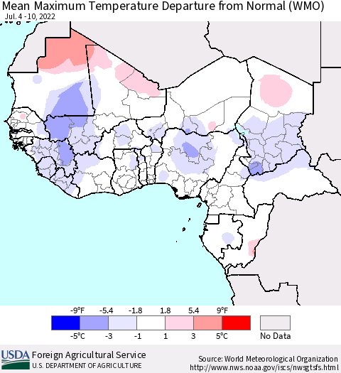 Western Africa Mean Maximum Temperature Departure from Normal (WMO) Thematic Map For 7/4/2022 - 7/10/2022