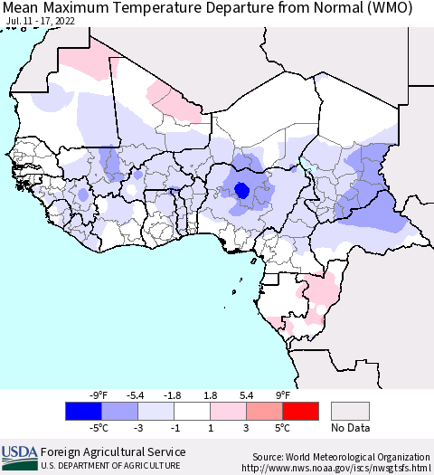 Western Africa Mean Maximum Temperature Departure from Normal (WMO) Thematic Map For 7/11/2022 - 7/17/2022