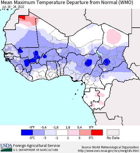 Western Africa Mean Maximum Temperature Departure from Normal (WMO) Thematic Map For 7/18/2022 - 7/24/2022