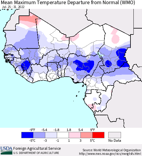 Western Africa Mean Maximum Temperature Departure from Normal (WMO) Thematic Map For 7/25/2022 - 7/31/2022