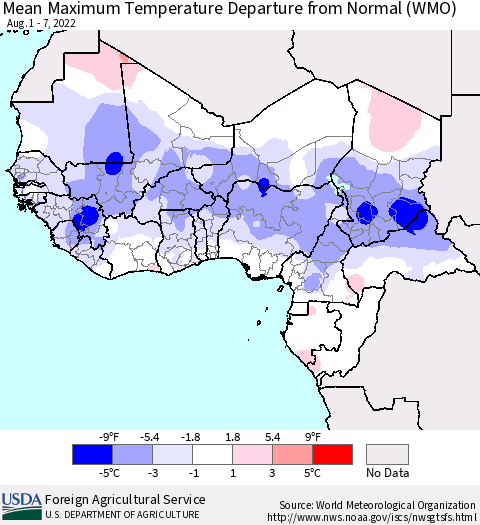 Western Africa Mean Maximum Temperature Departure from Normal (WMO) Thematic Map For 8/1/2022 - 8/7/2022