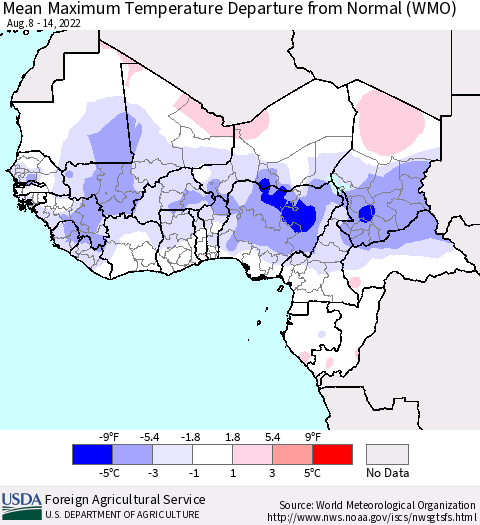 Western Africa Mean Maximum Temperature Departure from Normal (WMO) Thematic Map For 8/8/2022 - 8/14/2022