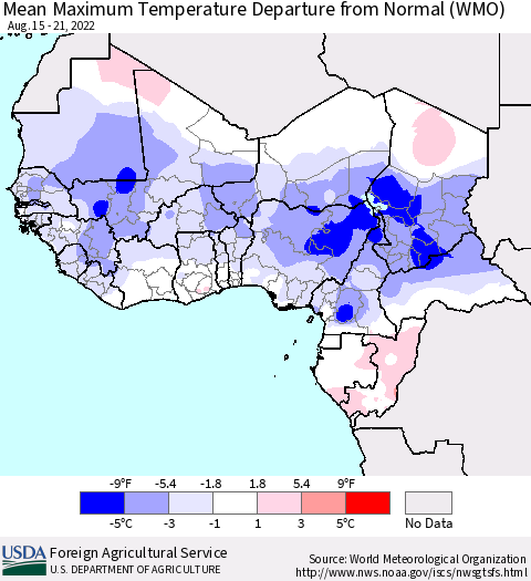 Western Africa Mean Maximum Temperature Departure from Normal (WMO) Thematic Map For 8/15/2022 - 8/21/2022