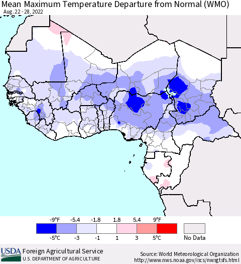 Western Africa Mean Maximum Temperature Departure from Normal (WMO) Thematic Map For 8/22/2022 - 8/28/2022
