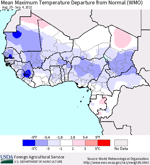 Western Africa Mean Maximum Temperature Departure from Normal (WMO) Thematic Map For 8/29/2022 - 9/4/2022