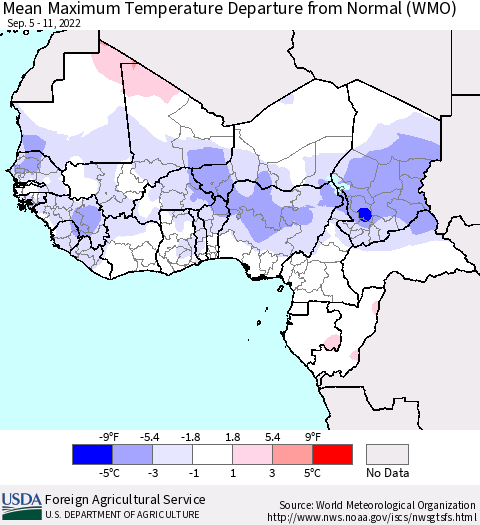 Western Africa Mean Maximum Temperature Departure from Normal (WMO) Thematic Map For 9/5/2022 - 9/11/2022