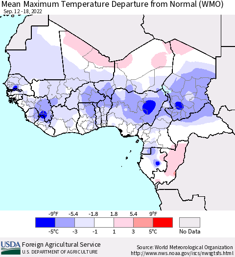 Western Africa Mean Maximum Temperature Departure from Normal (WMO) Thematic Map For 9/12/2022 - 9/18/2022