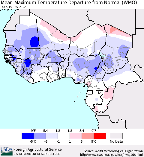 Western Africa Mean Maximum Temperature Departure from Normal (WMO) Thematic Map For 9/19/2022 - 9/25/2022