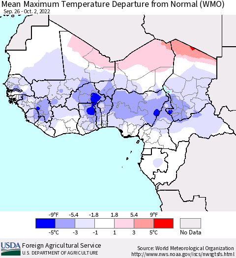 Western Africa Mean Maximum Temperature Departure from Normal (WMO) Thematic Map For 9/26/2022 - 10/2/2022