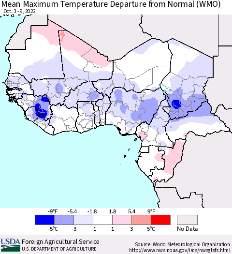 Western Africa Mean Maximum Temperature Departure from Normal (WMO) Thematic Map For 10/3/2022 - 10/9/2022