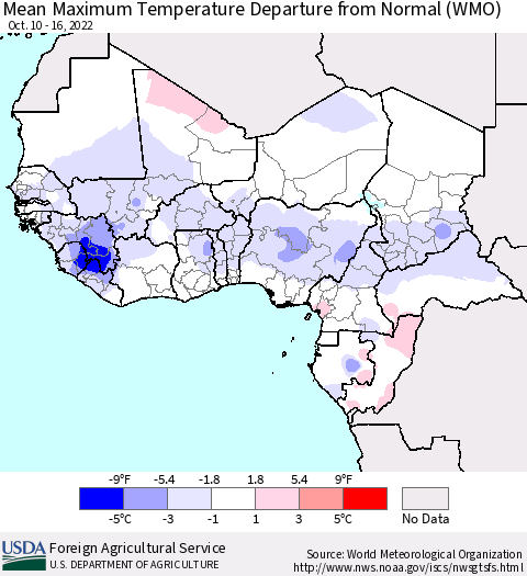 Western Africa Mean Maximum Temperature Departure from Normal (WMO) Thematic Map For 10/10/2022 - 10/16/2022