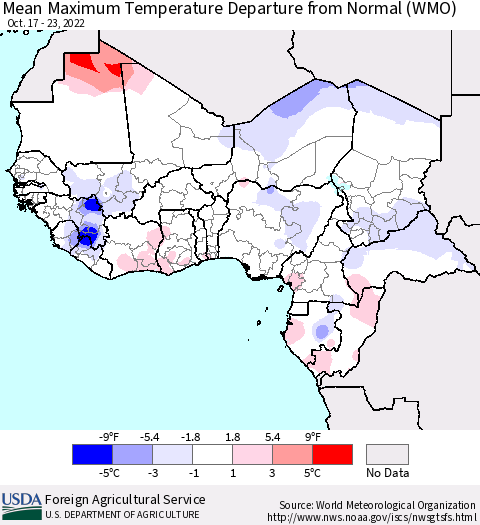 Western Africa Mean Maximum Temperature Departure from Normal (WMO) Thematic Map For 10/17/2022 - 10/23/2022
