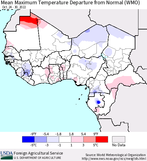 Western Africa Mean Maximum Temperature Departure from Normal (WMO) Thematic Map For 10/24/2022 - 10/30/2022