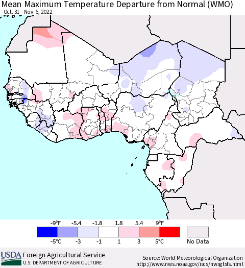 Western Africa Mean Maximum Temperature Departure from Normal (WMO) Thematic Map For 10/31/2022 - 11/6/2022