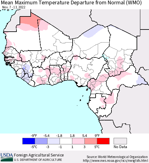 Western Africa Mean Maximum Temperature Departure from Normal (WMO) Thematic Map For 11/7/2022 - 11/13/2022