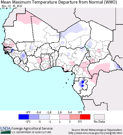 Western Africa Mean Maximum Temperature Departure from Normal (WMO) Thematic Map For 11/14/2022 - 11/20/2022