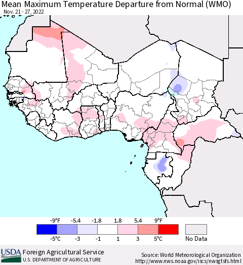 Western Africa Mean Maximum Temperature Departure from Normal (WMO) Thematic Map For 11/21/2022 - 11/27/2022