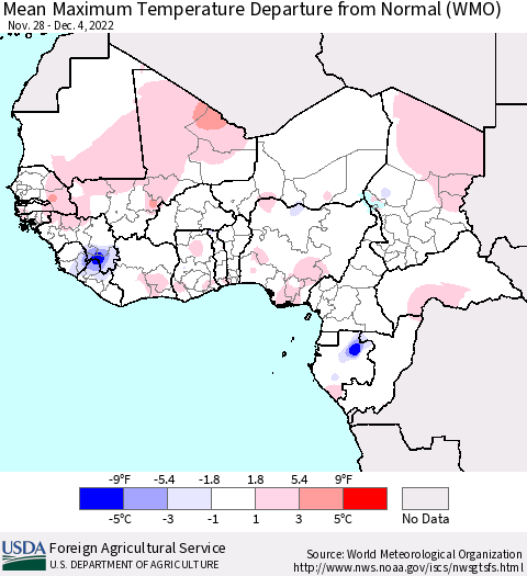 Western Africa Mean Maximum Temperature Departure from Normal (WMO) Thematic Map For 11/28/2022 - 12/4/2022