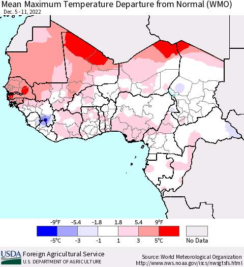 Western Africa Mean Maximum Temperature Departure from Normal (WMO) Thematic Map For 12/5/2022 - 12/11/2022
