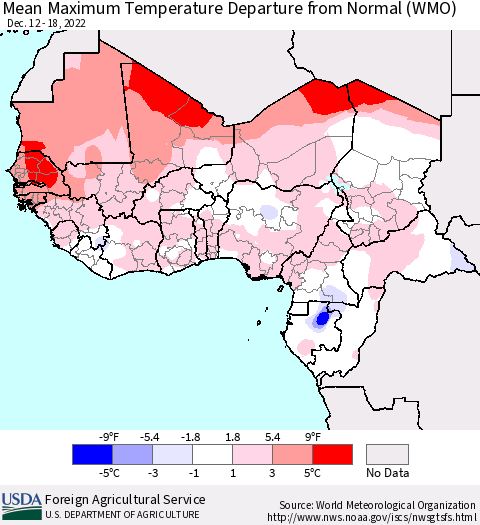 Western Africa Mean Maximum Temperature Departure from Normal (WMO) Thematic Map For 12/12/2022 - 12/18/2022