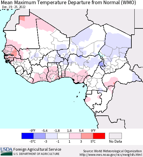 Western Africa Mean Maximum Temperature Departure from Normal (WMO) Thematic Map For 12/19/2022 - 12/25/2022