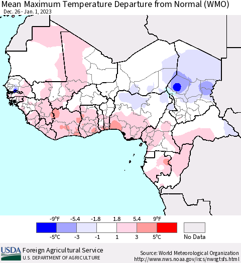 Western Africa Mean Maximum Temperature Departure from Normal (WMO) Thematic Map For 12/26/2022 - 1/1/2023