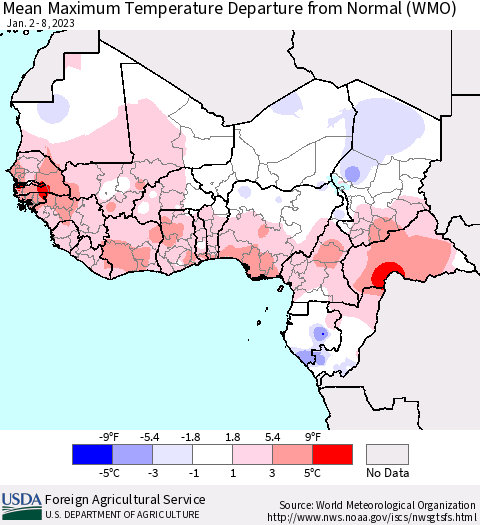 Western Africa Mean Maximum Temperature Departure from Normal (WMO) Thematic Map For 1/2/2023 - 1/8/2023
