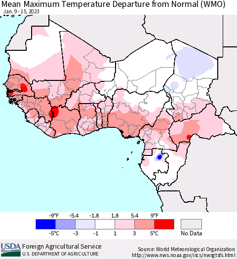 Western Africa Mean Maximum Temperature Departure from Normal (WMO) Thematic Map For 1/9/2023 - 1/15/2023