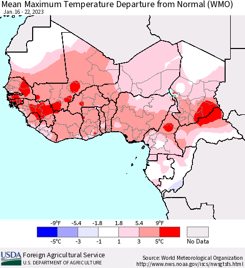 Western Africa Mean Maximum Temperature Departure from Normal (WMO) Thematic Map For 1/16/2023 - 1/22/2023