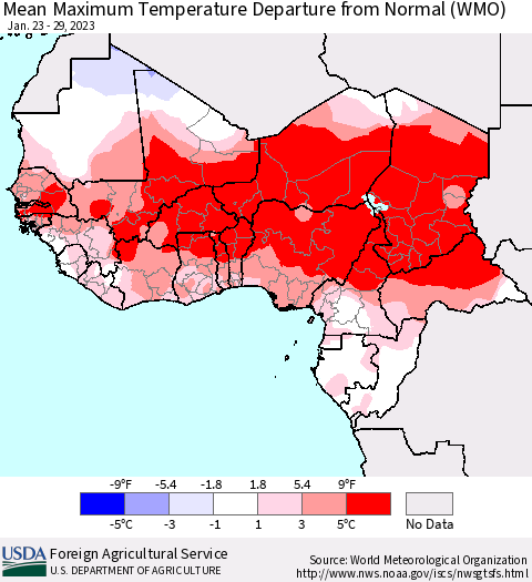 Western Africa Mean Maximum Temperature Departure from Normal (WMO) Thematic Map For 1/23/2023 - 1/29/2023