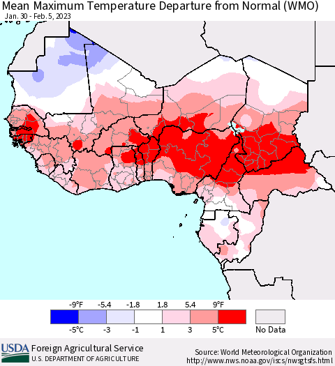 Western Africa Mean Maximum Temperature Departure from Normal (WMO) Thematic Map For 1/30/2023 - 2/5/2023