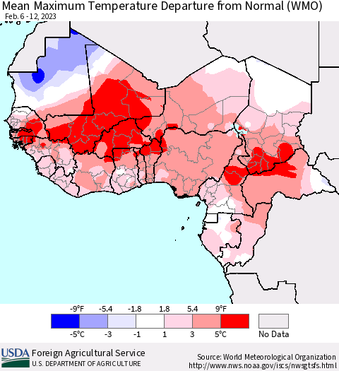 Western Africa Mean Maximum Temperature Departure from Normal (WMO) Thematic Map For 2/6/2023 - 2/12/2023