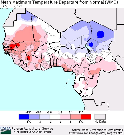 Western Africa Mean Maximum Temperature Departure from Normal (WMO) Thematic Map For 2/13/2023 - 2/19/2023