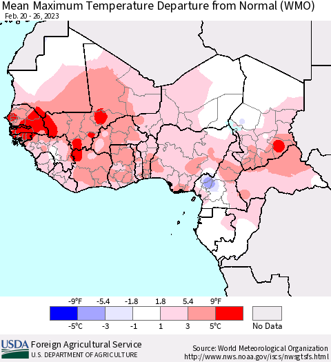 Western Africa Mean Maximum Temperature Departure from Normal (WMO) Thematic Map For 2/20/2023 - 2/26/2023