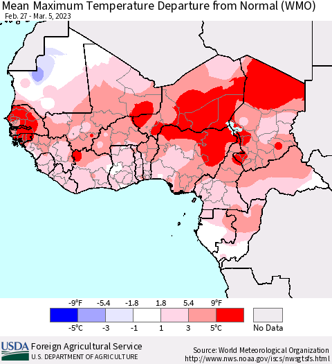 Western Africa Mean Maximum Temperature Departure from Normal (WMO) Thematic Map For 2/27/2023 - 3/5/2023