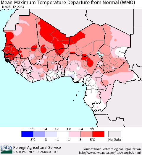 Western Africa Mean Maximum Temperature Departure from Normal (WMO) Thematic Map For 3/6/2023 - 3/12/2023