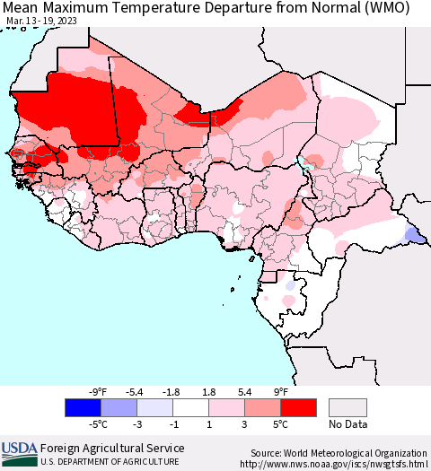 Western Africa Mean Maximum Temperature Departure from Normal (WMO) Thematic Map For 3/13/2023 - 3/19/2023