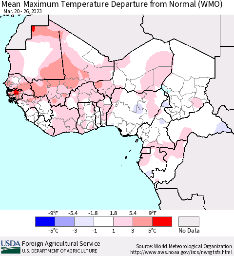 Western Africa Mean Maximum Temperature Departure from Normal (WMO) Thematic Map For 3/20/2023 - 3/26/2023