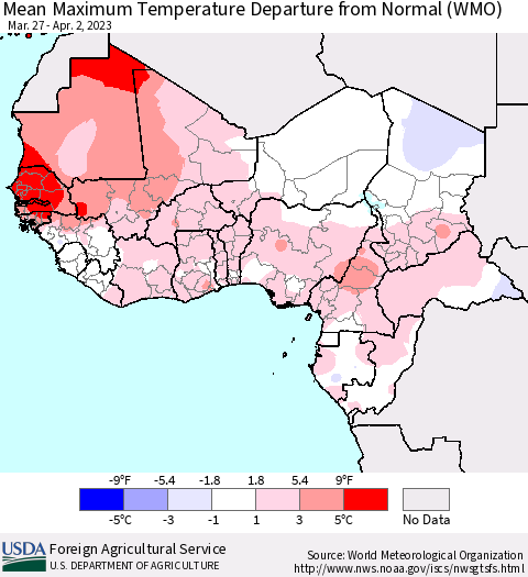 Western Africa Mean Maximum Temperature Departure from Normal (WMO) Thematic Map For 3/27/2023 - 4/2/2023