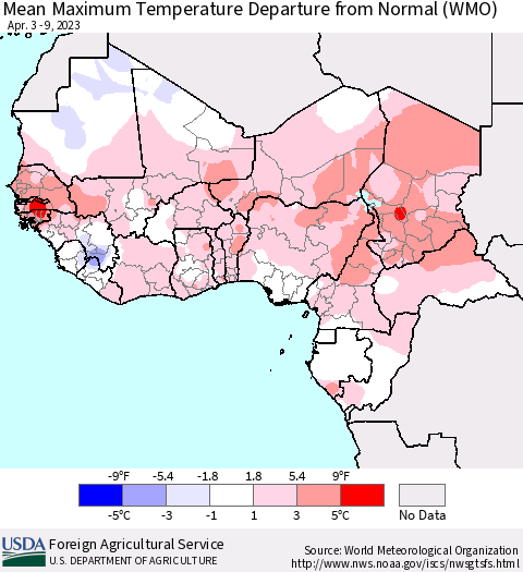 Western Africa Mean Maximum Temperature Departure from Normal (WMO) Thematic Map For 4/3/2023 - 4/9/2023
