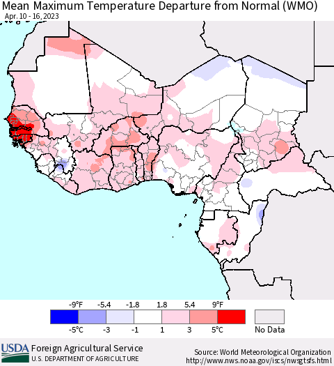 Western Africa Mean Maximum Temperature Departure from Normal (WMO) Thematic Map For 4/10/2023 - 4/16/2023