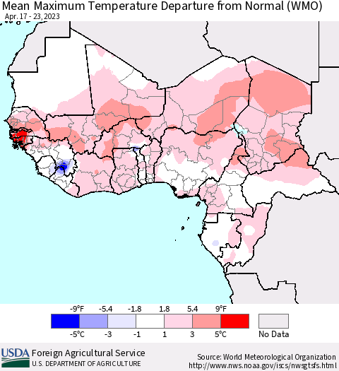 Western Africa Mean Maximum Temperature Departure from Normal (WMO) Thematic Map For 4/17/2023 - 4/23/2023