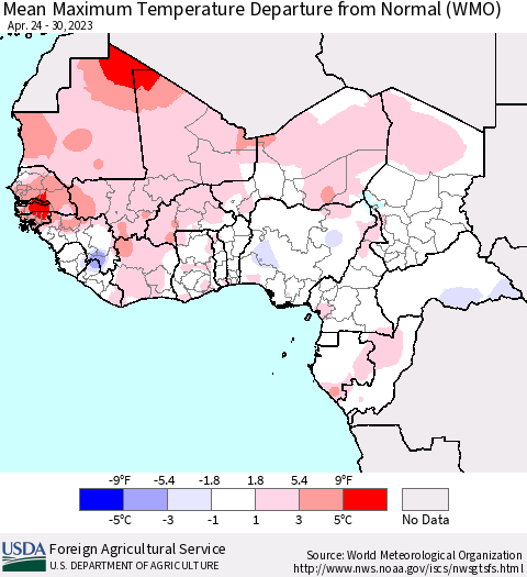 Western Africa Mean Maximum Temperature Departure from Normal (WMO) Thematic Map For 4/24/2023 - 4/30/2023